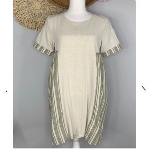 Roolee Cream with Blue/Green Stripe Linen Chambray Dress